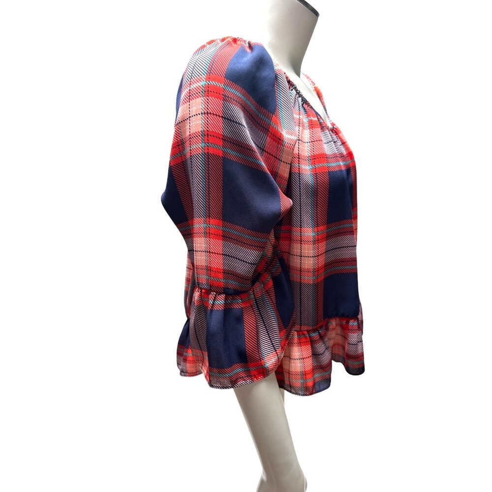 Copper Key Juniors XS Bell Sleeve Plaid Off Shoulder Ruffle Boho Blouse - Picture 8 of 10